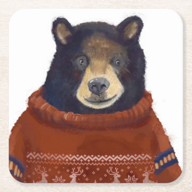 Red Reindeer Sweater Bear Square Paper Coaster (Front)