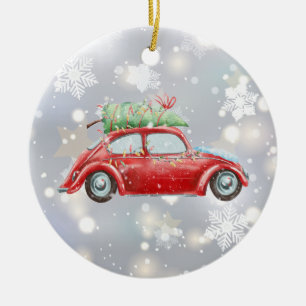 Red Retro Beetle with Christmas Tree, Lights, Ceramic Ornament