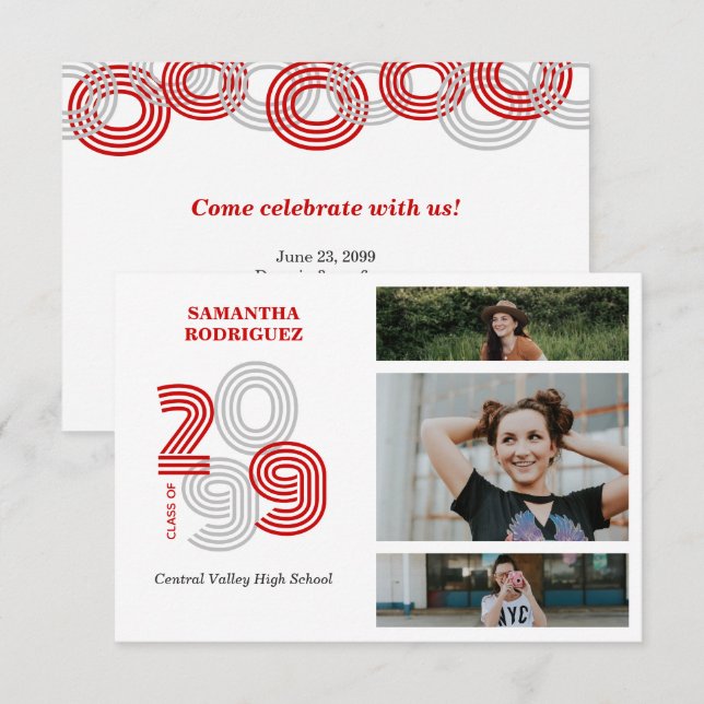 Red Retro Big Numbers 3-Photo Graduation Invitation (Front/Back)
