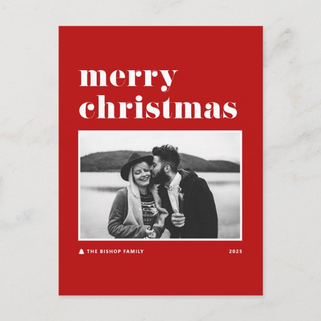 Red Retro Bold Typography Photo Merry Christmas Holiday Postcard (Front)