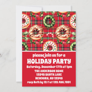Red Retro Christmas Doughnuts Holiday Party Invitation