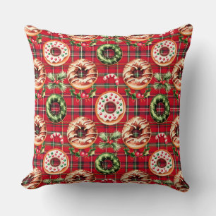 Red Retro Christmas Doughnuts Red Tartan Plaid Throw Pillow