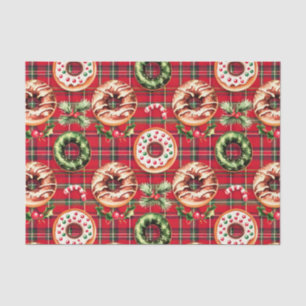 Red Retro Christmas Doughnuts Red Tartan Plaid Tissue Paper