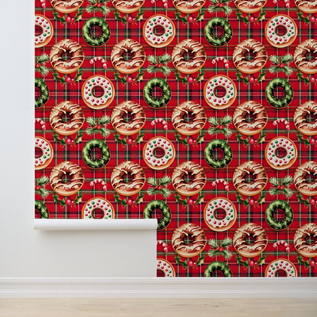 Red Retro Christmas Doughnuts Red Tartan Plaid Wallpaper (Application)