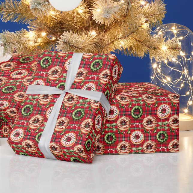 Red Retro Christmas Doughnuts Red Tartan Plaid Wrapping Paper (Holidays)