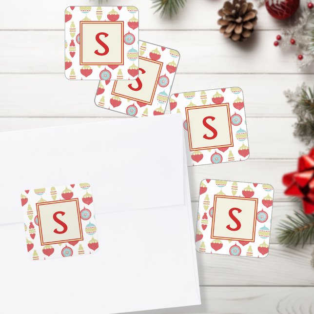 Red Retro Christmas Ornament Monogram Square Sticker (Creator Uploaded)
