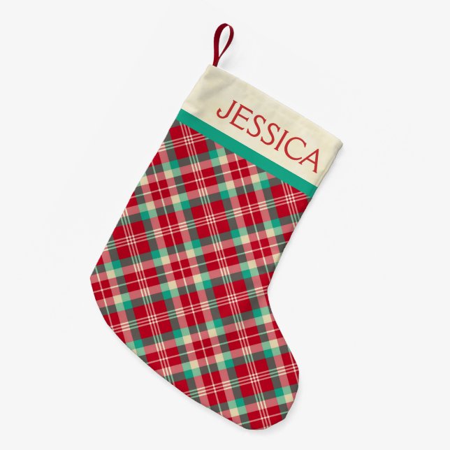 Red Retro Christmas Plaid Pattern Small Christmas Stocking (Front (Hanging))