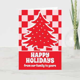Red Retro Christmas Tree Red Tartan Plaid Holiday Card