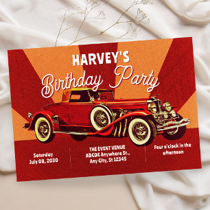 Red retro classic car birthday invitation