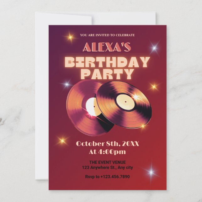 Red retro classic vinyl record music birthday invitation (Front)