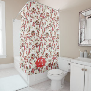 Red Retro Festive Candy Cane Pattern Monogram Show