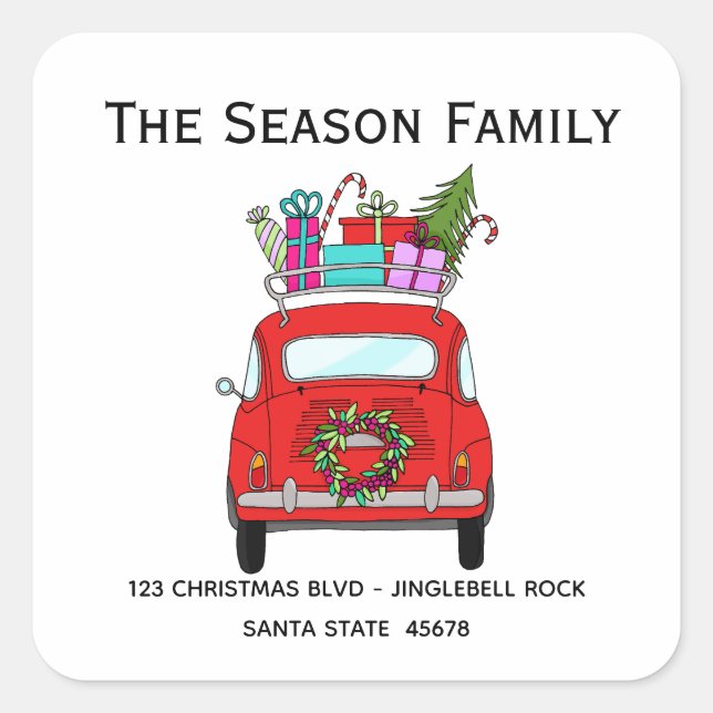 Red Retro Fiat 500 with Christmas Gifts Square Sticker (Front)