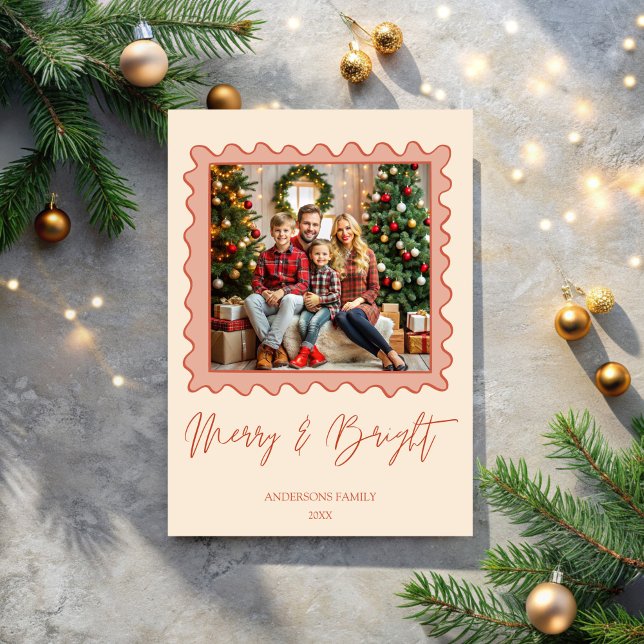 Red retro frame photo merry Christmas Holiday Card (Merry and bright wavy retro red frame photo Christmas photo Holiday Cards template)