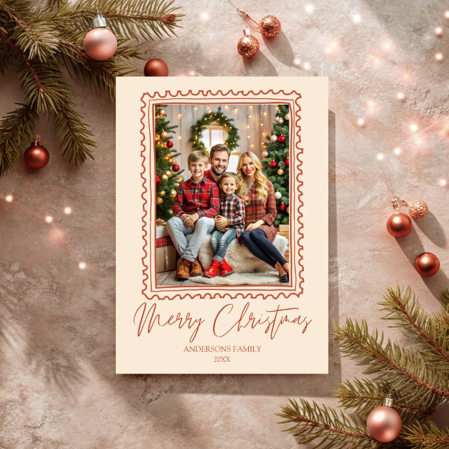 Red retro frame photo merry Christmas Holiday Card (Red retro hand drawn frame photo merry Christmas Holiday Card template)