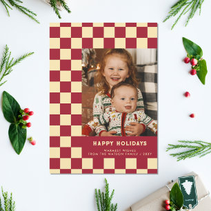 Red Retro Groovy Chequered Happy Holidays Photo Holiday Postcard