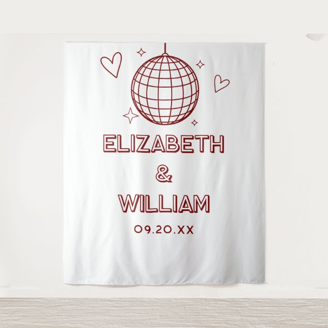 Red Retro Groovy Disco Ball Wedding Photo Backdrop Tapestry (Front)