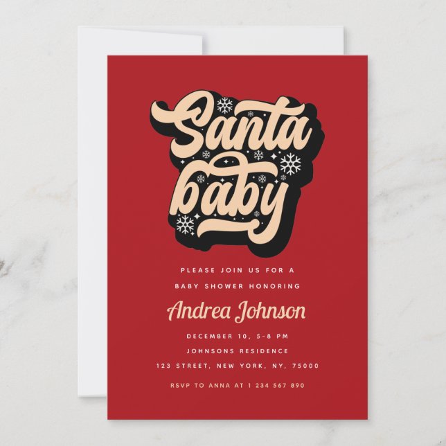 Red Retro Groovy Santa Baby Christmas Baby Shower Invitation (Front)