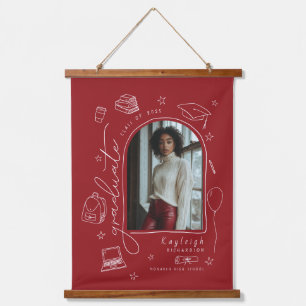Red Retro Hand Drawn Photo Graduation Hanging Tapestry