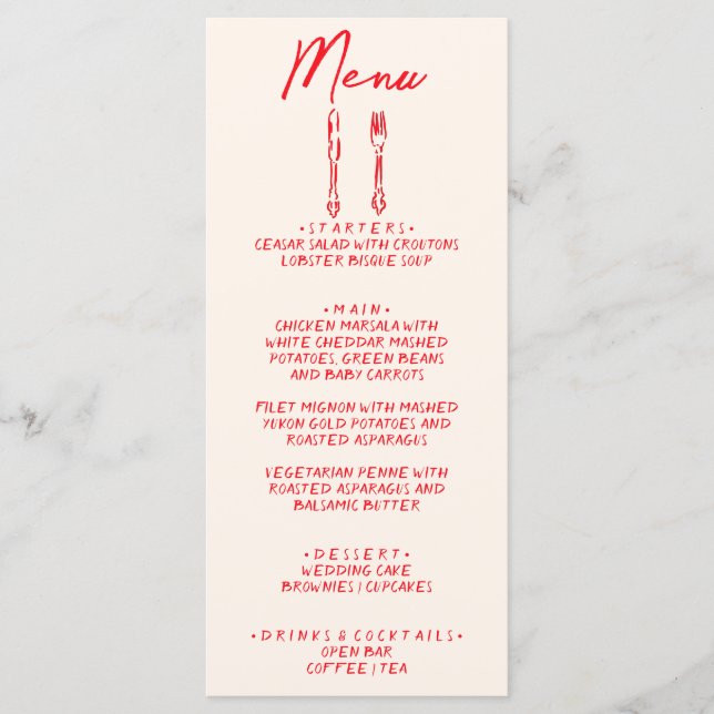 Red Retro Hand Written Drawn Quirky Unique Wedding Menu (Front)