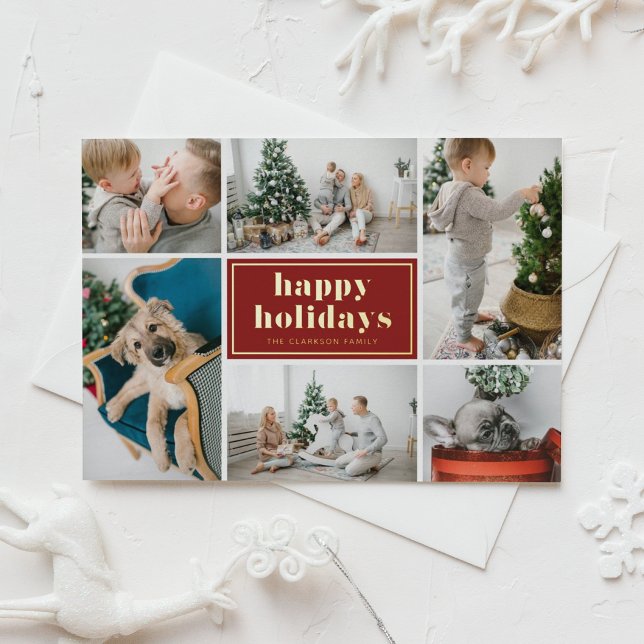Red Retro Happy Holidays Photo Collage  Foil Holiday Postcard (Creator Uploaded)