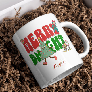 Red Retro Merry Bright Name Christmas Tree Mug