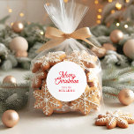 RED RETRO MERRY CHRISTMAS TYPOGRAPHY ON WHITE CLASSIC ROUND STICKER<br><div class="desc">Merry Christmas customizable red retro typography on a custom white background.</div>