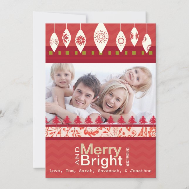 Red Retro Merry et Bright Family Carte photo (Devant)