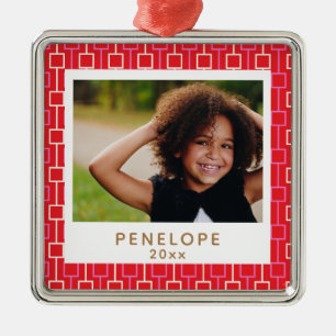 Red Retro Mid Mod Christmas Personalized Photo Metal Ornament