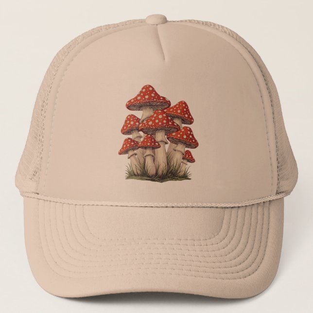 Red Retro Mushroom Cluster | Graphic Print Hiking Trucker Hat (Front)