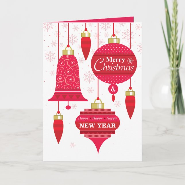  Red Retro Ornaments With Pink Snowflakes On White Holiday Card (Front)