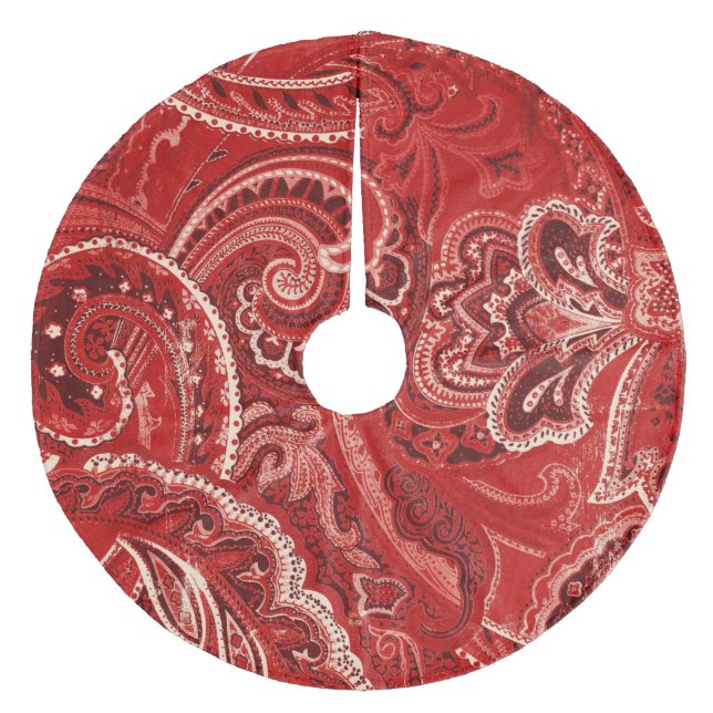 Red Retro Paisley Bandanna/Bandana Fleece Tree Skirt (Front)