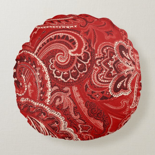 Red Retro Paisley Bandanna/Bandana Round Pillow (Front)
