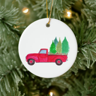 Red retro Pickup Truck with trees Ceramic Ornament