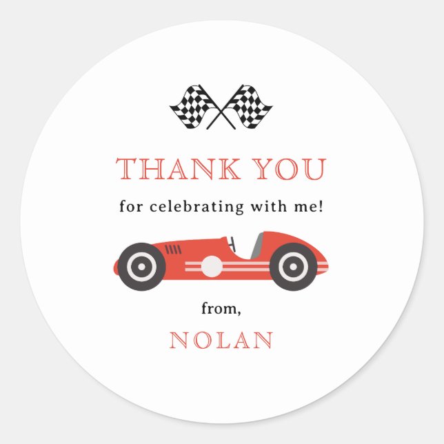 Red Retro Race Car Theme Thank You Classic Round Sticker (Front)