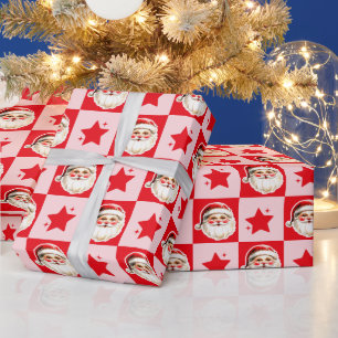 Red Retro Santa Claus Red Tartan Plaid Christmas Wrapping Paper