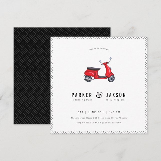 Red Retro Scooter Theme Joint Birthday Invitation (Front/Back)