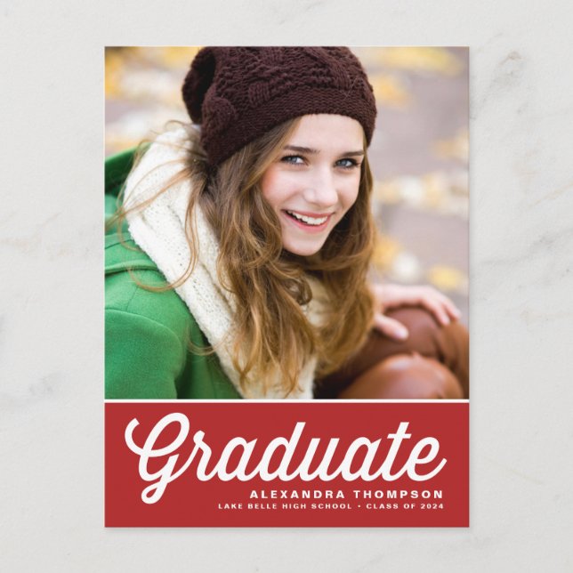 Red Retro Script Class of 2025 Photo Graduation Announcement Postcard (Front)
