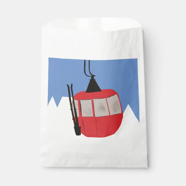 Red Retro Ski Lift Snow Mountain Skiers Favour Bag (Front)
