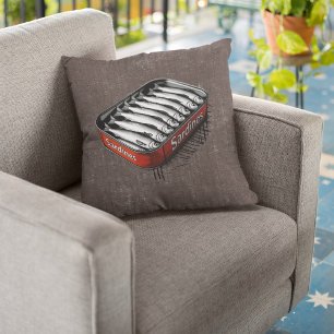 Red Retro Style Sardine Art Funny Fish Food Throw Pillow