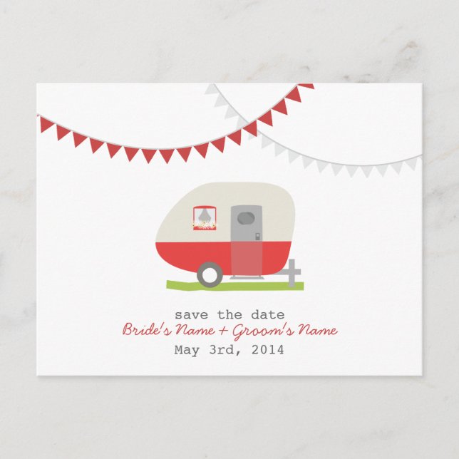 Red Retro Trailer Wedding Save The Date Postcard (Front)