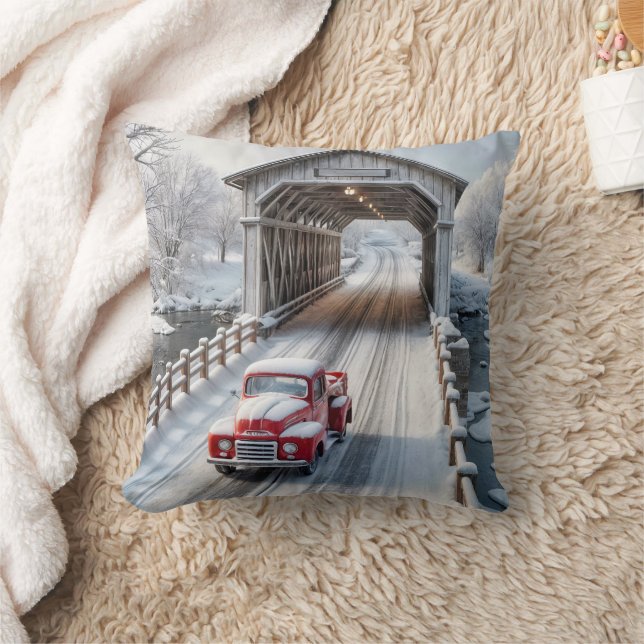 Red Retro Truck and Covered Bridge Throw Pillow (Blanket)