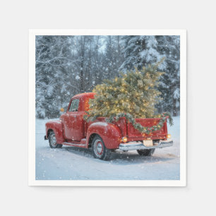 Red Retro Truck With Christmas Tree In Snowflakes Napkin