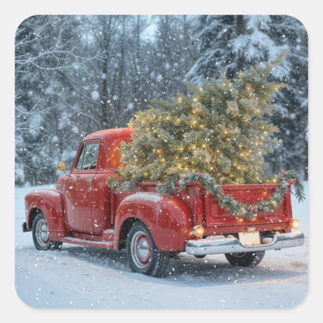 Red Retro Truck With Christmas Tree In Snowflakes Square Sticker (Front)