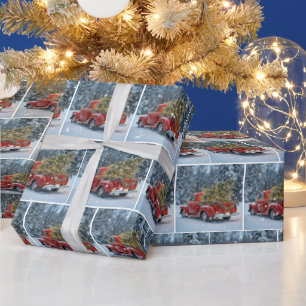 Red Retro Truck With Christmas Tree In Snowflakes Wrapping Paper