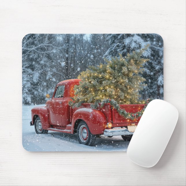Red Retro Truck With Christmas Tree Mouse Pad (With Mouse)