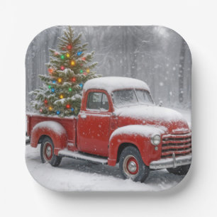 Red Retro Truck With Christmas Tree Paper Plate