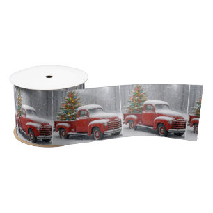 Red Retro Truck With Christmas Tree Satin Ribbon