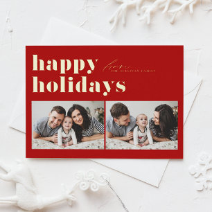 Red Retro Typography Happy Holidays Two Photo Foil Holiday Card