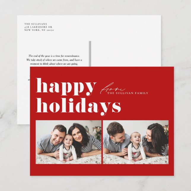 Red Retro Typography Happy Holidays Two Photo Holiday Postcard (Front/Back)