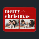 Red Retro Typography Merry Christmas Two Photo Magnet<br><div class="desc">Merry Christmas! Bring a touch of holiday cheer to your home with our Customizable Photo Christmas Magnet! Perfect for displaying cherished memories, this magnet allows you to personalize it with your favourite festive photo, making it a unique addition to your holiday decor. It features retro bold typography. Personalize by adding...</div>